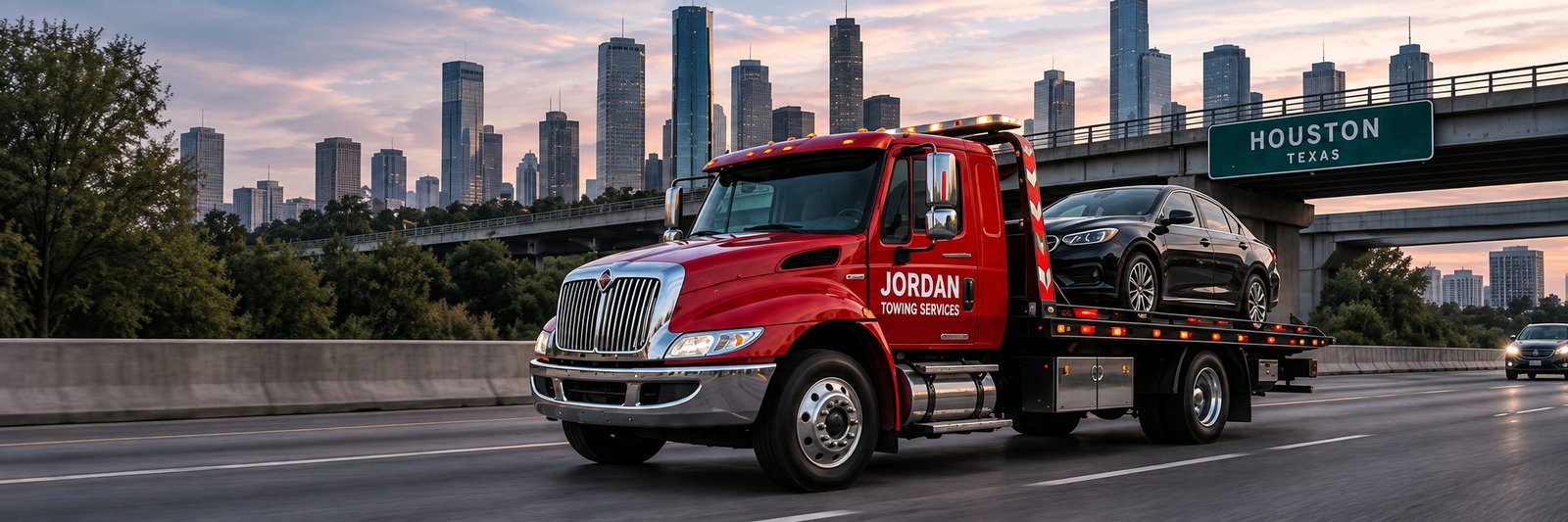 Jordan Towing flatbed truck driving through Houston