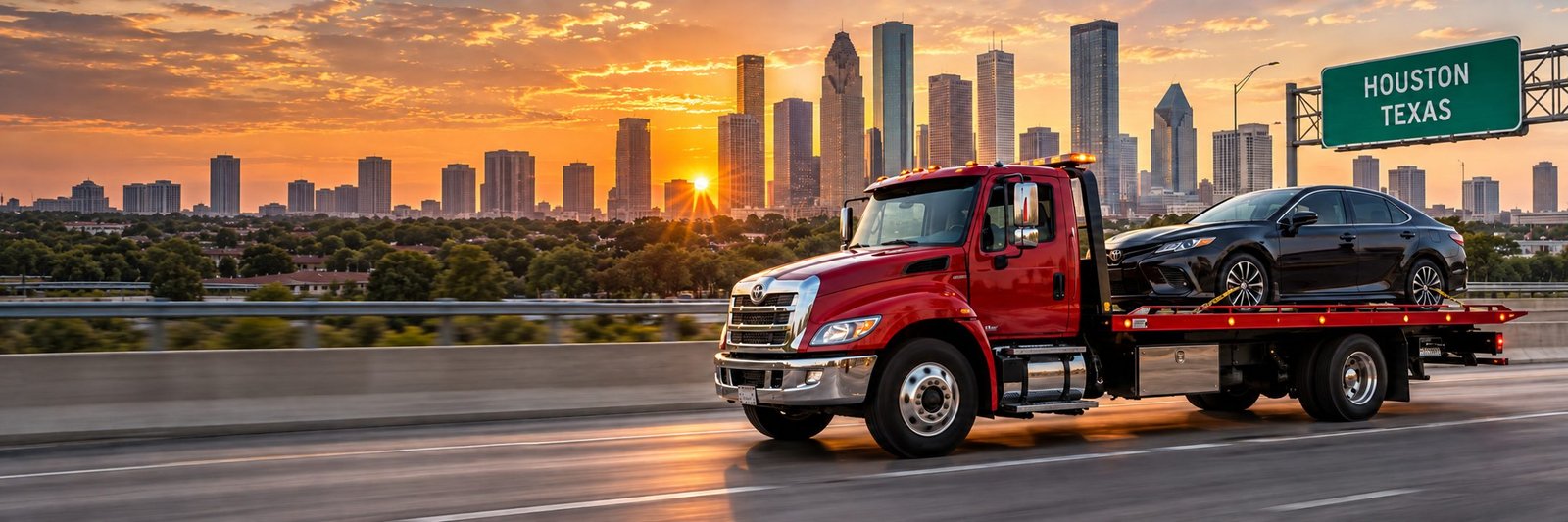 Jordan Towing truck at sunset in Houston