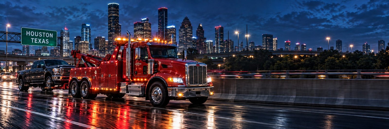 Jordan Towing heavy-duty truck at night in Houston