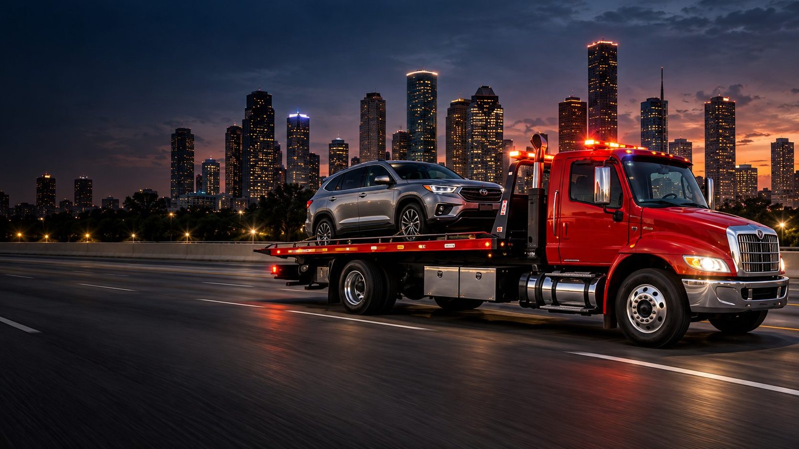 Jordan Towing flatbed truck driving through Houston