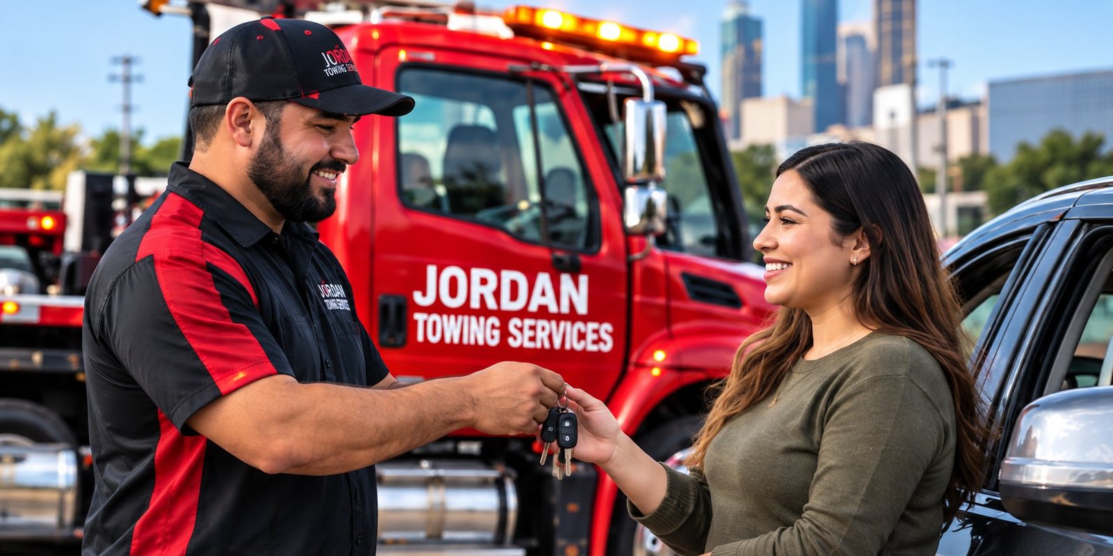 Miembro del equipo de Jordan Towing Services con un cliente