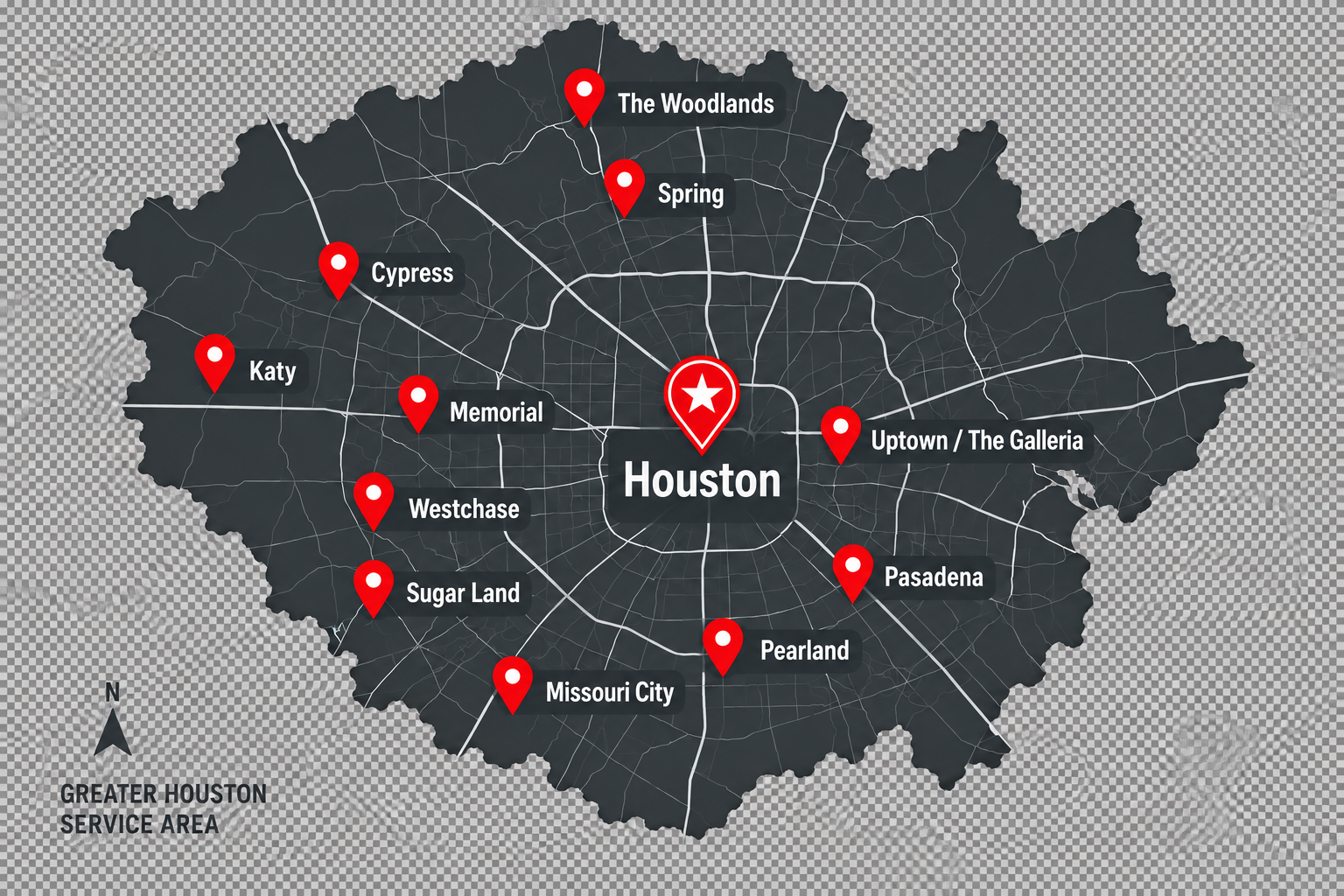 Map of Jordan Towing Services coverage across Greater Houston
